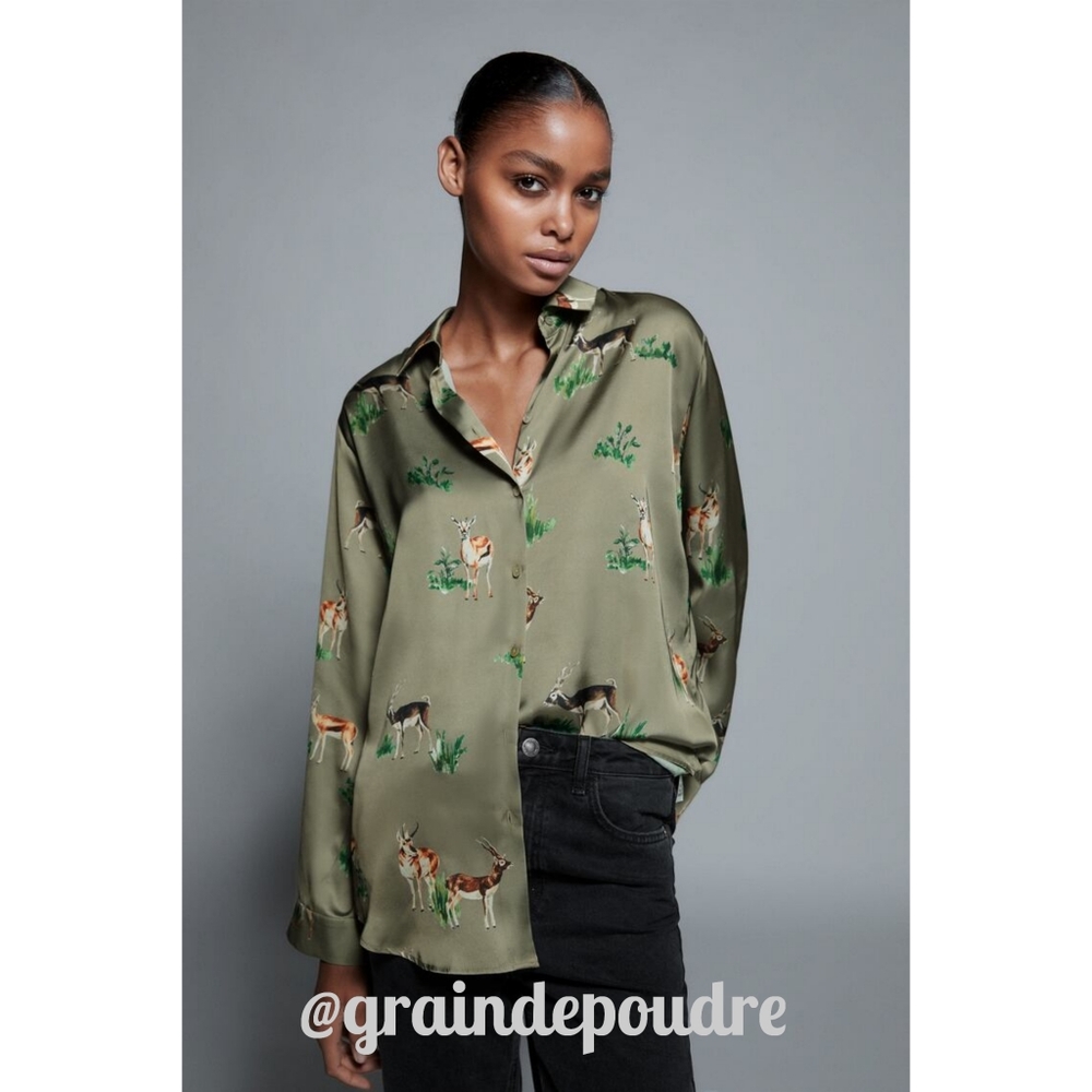 Zara Deer Print Scene Green Satin Blouse S M L